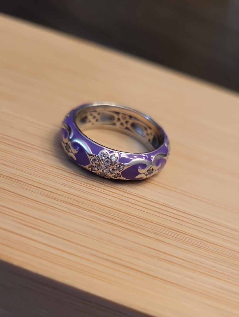Sterling Silver 925 Purple Enamel CZ Floral wide band ring - Picture 3 of 12